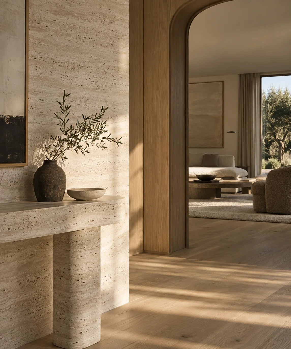 Travertine and oak interior detail in warm sunlight